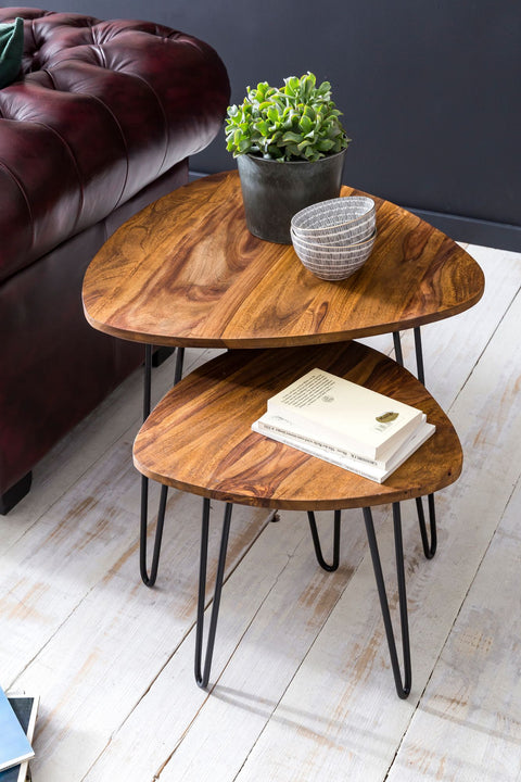 Rootz Nesting Table Set - Sheesham Wood - Small Design with Metal Frame - 2-Piece Coffee Table