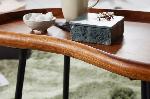 Rootz Coffee Table - Sheesham Wood - Kidney Shape with Metal Legs - Modern Living Room Table - 71x42x40cm