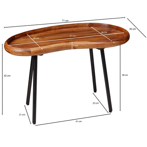 Rootz Coffee Table - Sheesham Wood - Kidney Shape with Metal Legs - Modern Living Room Table - 71x42x40cm