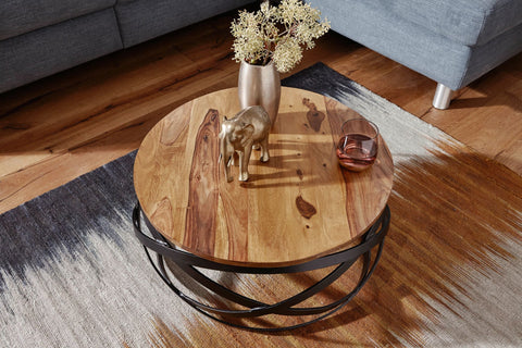 Rootz Coffee Table -  Sheesham Wood - Metal Base - Round Design for Living Room - 60x30x60cm