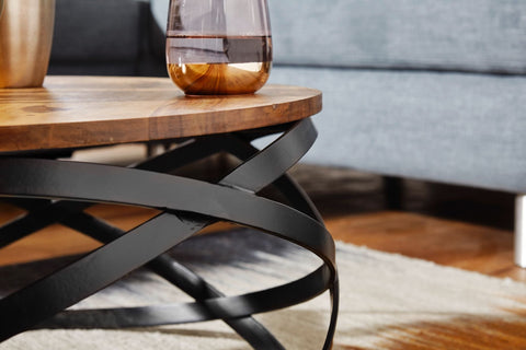 Rootz Coffee Table -  Sheesham Wood - Metal Base - Round Design for Living Room - 60x30x60cm