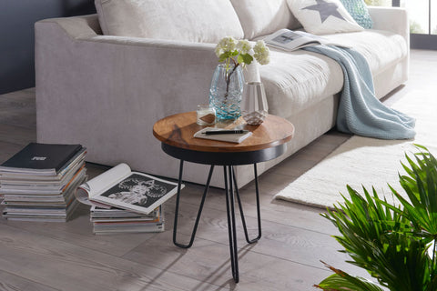 Rootz Side Table - Sheesham Wood - Metal Coffee Table in Industrial Style - 43x45x43cm