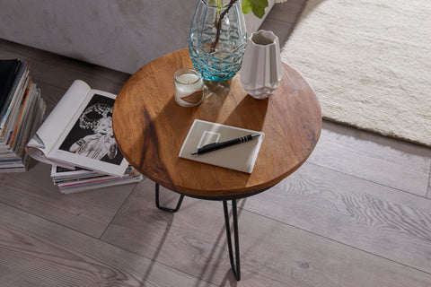 Rootz Side Table - Sheesham Wood - Metal Coffee Table in Industrial Style - 43x45x43cm