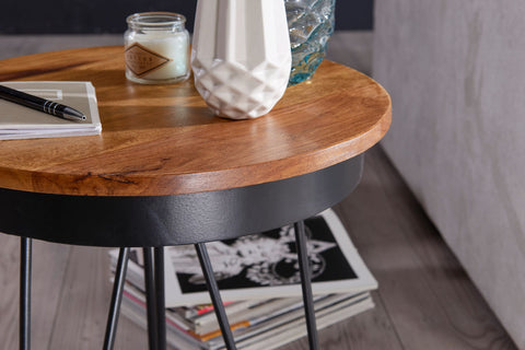 Rootz Side Table - Sheesham Wood - Metal Coffee Table in Industrial Style - 43x45x43cm