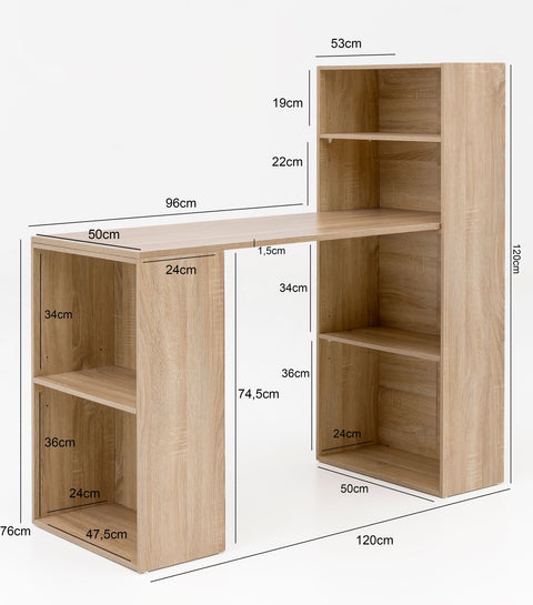 Rootz Wood Desk with Shelf - Sonoma - Modern Design with Storage Compartments - 120x120x53cm