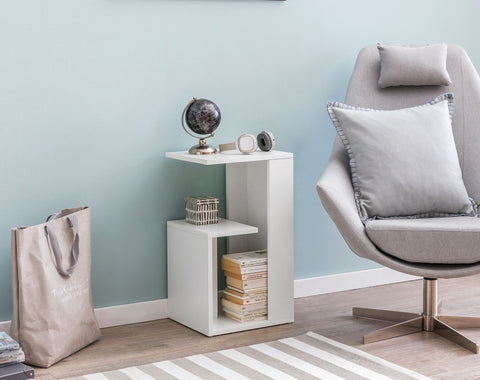 Rootz Wood Side Table - Cantilever Design for Sofa or Coffee - Small and Modern - White - 35x29.5x60cm