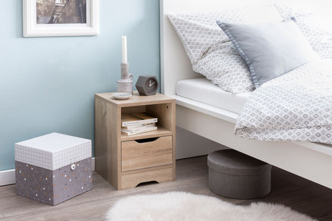 Rootz Night Console - Sonoma - 1 Drawer and Storage Compartment - Bedside Table with Storage Space - 31x43x31cm