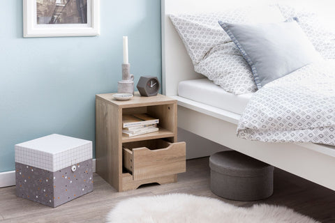 Rootz Night Console - Sonoma - 1 Drawer and Storage Compartment - Bedside Table with Storage Space - 31x43x31cm