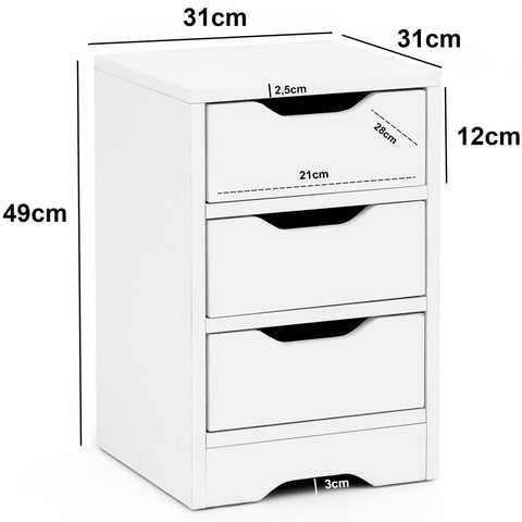 Rootz Night Console - Matt  3 Drawers - Bedside Table with Storage Space - White - 31x49x31cm