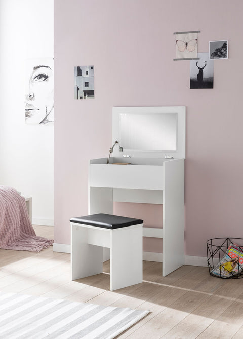Rootz Dressing Table - Modern Wood Console Table with Stool and Mirror - White - 60x81x40cm