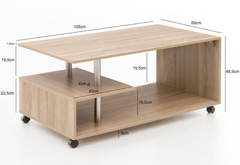 Rootz Rotatable Coffee Table - Sonoma - Castors - Design with Storage Space - 105x48.5x60cm