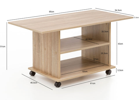 Rootz Rotatable Coffee Table - Sonoma - Castors - Design with Storage Space - 95x51x54.5cm