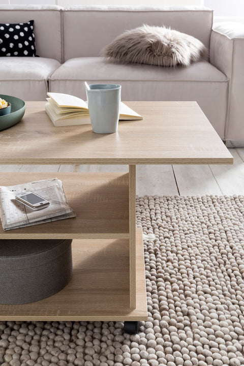 Rootz Rotatable Coffee Table - Sonoma - Castors - Design with Storage Space - 95x51x54.5cm