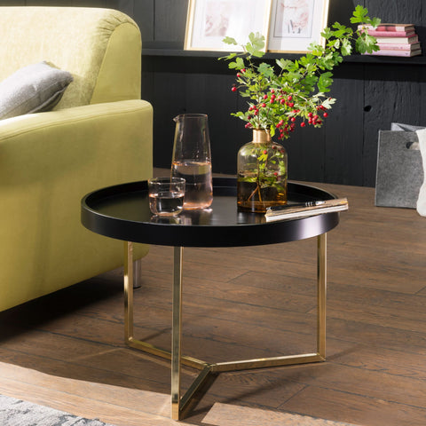 Rootz Coffee Table - Black-Gold -Modern Retro Design - Metal Round Table with Wood Plate - 58.5x42x58.5cm
