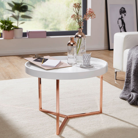 Rootz Coffee Table - White-Copper - Modern Retro Design - Metal Round Table with Wood Plate - 58.5x42x58.5cm