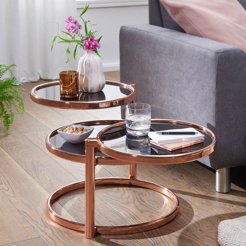 Rootz Coffee Table - Three Layers - Side Table - Round Coffee Table - Metal - Glass - Black - Gold/Copper