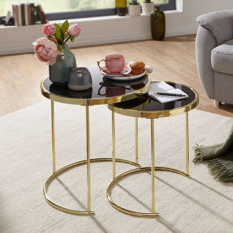 Rootz Black-Gold Nesting Table Set - Modern Metal and Glass Side Tables - 2-Piece Coffee Table - Small Living Room Storage