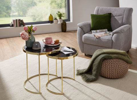 Rootz Black-Gold Nesting Table Set - Modern Metal and Glass Side Tables - 2-Piece Coffee Table - Small Living Room Storage
