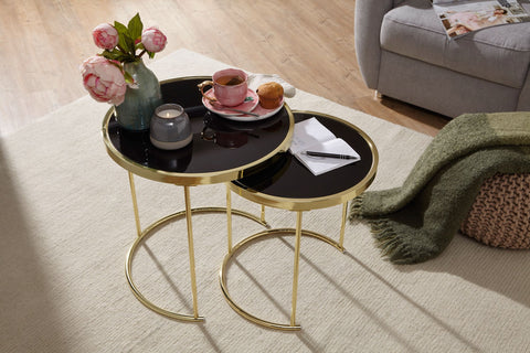 Rootz Black-Gold Nesting Table Set - Modern Metal and Glass Side Tables - 2-Piece Coffee Table - Small Living Room Storage