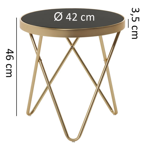 Rootz Side Table - Designer Glass - Round Black-Matt Gold - Metal Frame - Small Coffee Table