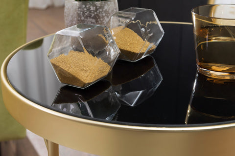 Rootz Side Table - Designer Glass - Round Black-Matt Gold - Metal Frame - Small Coffee Table