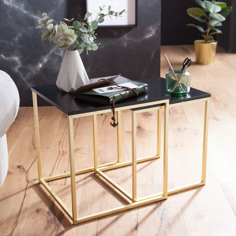 Rootz Black-Gold Table Set - Modern Metal and MDF Side Tables -  Wooden Plate - 2-Piece Coffee Table - Small Living Room Storage -