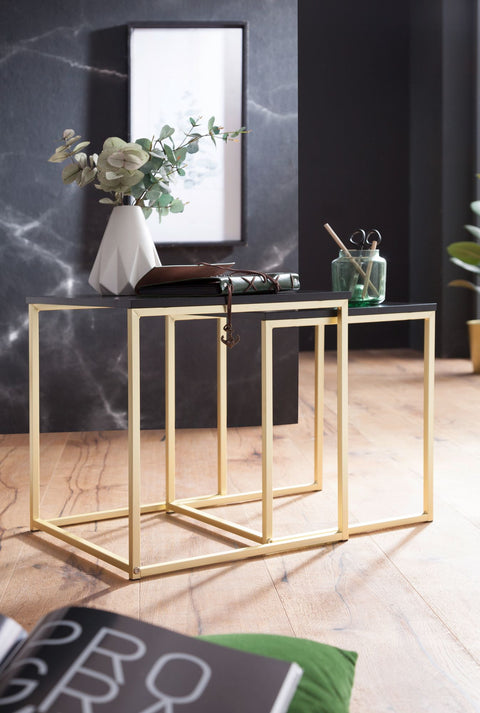 Rootz Black-Gold Table Set - Modern Metal and MDF Side Tables -  Wooden Plate - 2-Piece Coffee Table - Small Living Room Storage -
