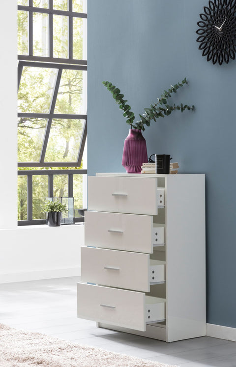 Rootz Sideboard - High Gloss Design - Modern Wood Sideboard - Narrow Dining Room Drawer Chest - White - 60x90x30cm
