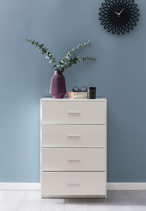 Rootz Sideboard - High Gloss Design - Modern Wood Sideboard - Narrow Dining Room Drawer Chest - White - 60x90x30cm