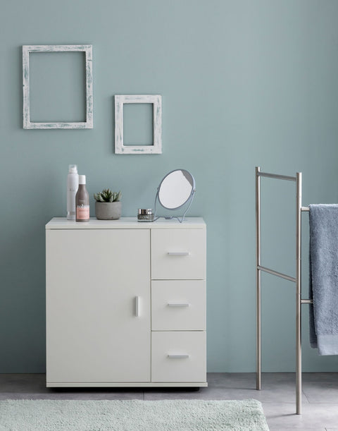 Rootz White Cabinet - Midi Cabinet with Door & Drawers - Small Matt Side Cabinet - Narrow Freestanding Bathroom Shelf - 60x65.5x33 cm