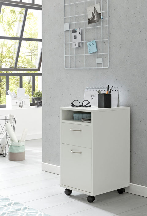 Rootz Roll Container - Modern Rolling Chest of Drawers - Office Container with Door - Small Desk Cabinet on Wheels - White - 33x63x38 cm