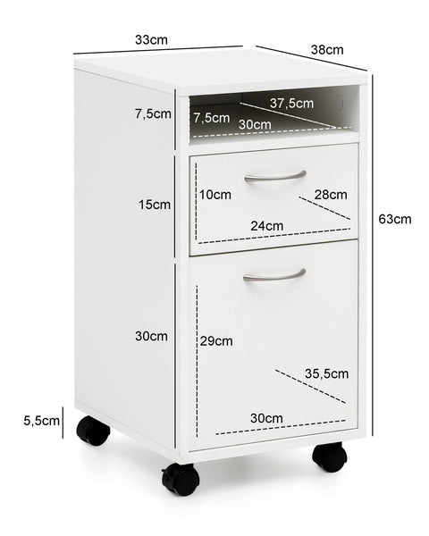 Rootz Roll Container - Modern Rolling Chest of Drawers - Office Container with Door - Small Desk Cabinet on Wheels - White - 33x63x38 cm