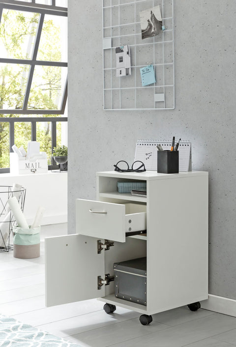 Rootz Roll Container - Modern Rolling Chest of Drawers - Office Container with Door - Small Desk Cabinet on Wheels - White - 33x63x38 cm