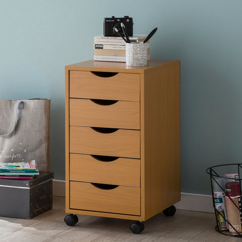 Rootz Roll Container - Sonoma - (MDF Wood) - 5-Drawer Contemporary Office Container - Stand Container with Castors - 33x68x38 cm