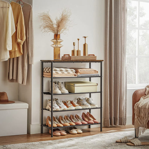 Rootz Shoe Rack - Shoe Stand - Shoe Shelf - with 4 Shelves - Standing - Industrial - Brown and Black - 75 x 30 x 91 cm