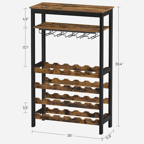 Rootz Wine Rack with Glass Holders - Wine Holder - Bottle Rack - Standing - Industrial - Brown and Black - 66 x 30 x 100 cm