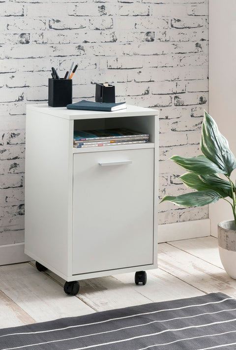 Rootz Roll Container - Drawer Cabinet for Office - Desk Container with Door & Tray - Side Container on Casters - Small Office Storage - White - (33x60x38 cm)