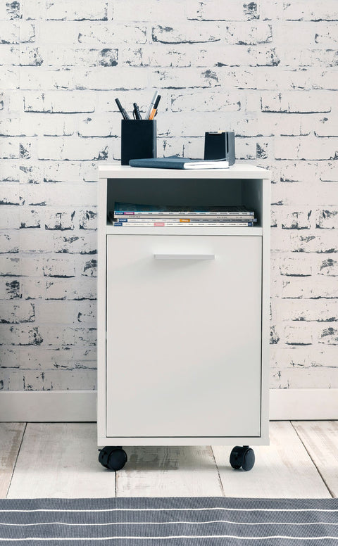 Rootz Roll Container - Drawer Cabinet for Office - Desk Container with Door & Tray - Side Container on Casters - Small Office Storage - White - (33x60x38 cm)