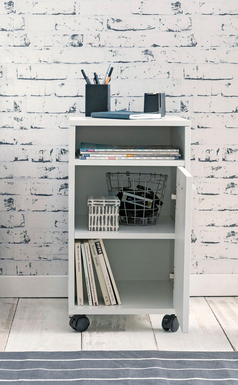 Rootz Roll Container - Drawer Cabinet for Office - Desk Container with Door & Tray - Side Container on Casters - Small Office Storage - White - (33x60x38 cm)