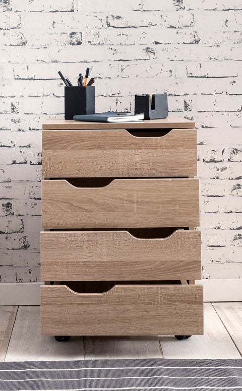 Rootz Roll Container - Sonoma - Drawer Cabinet for Office - Desk Container with Drawers - Side Container on Casters - Small Office Storage - (40x60x40 cm)