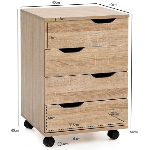Rootz Roll Container - Sonoma - Drawer Cabinet for Office - Desk Container with Drawers - Side Container on Casters - Small Office Storage - (40x60x40 cm)