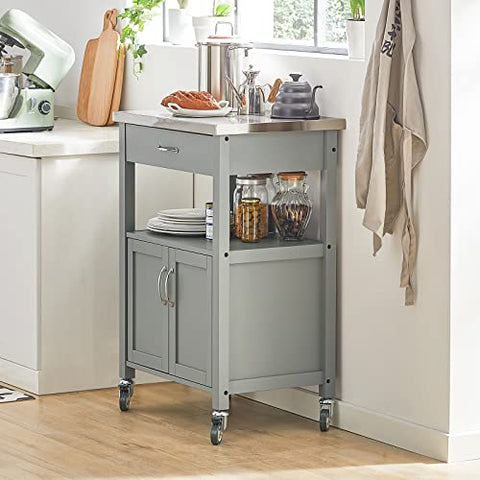Rootz Kitchen Trolley Cart Storage Trolley Serving Trolley Kitchen Cabinet with Stainless Steel Worktop