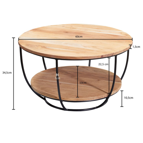 Rootz Round Coffee Table - Acacia Solid Wood - Metal Legs - Industrial Brown - Design Living Room Table with Shelf - (60x34.5x60 cm)