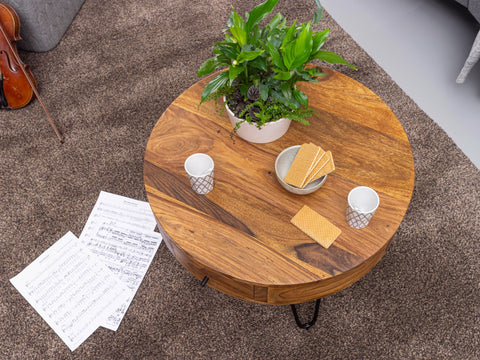 Rootz Round Coffee Table - Sheesham Solid Wood - Metal Legs - Side Table with Drawers - Small Brown Table - (60x44.5x60 cm)