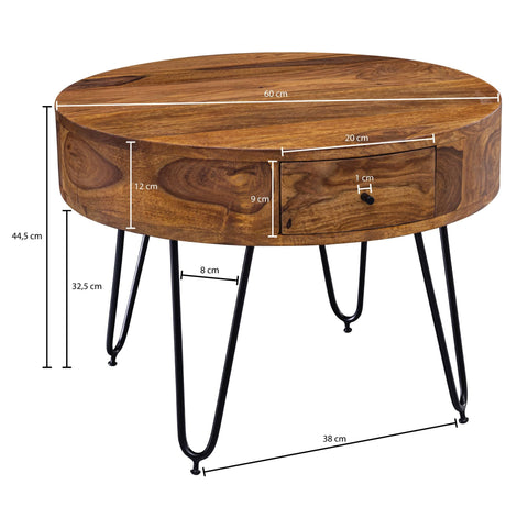 Rootz Round Coffee Table - Sheesham Solid Wood - Metal Legs - Side Table with Drawers - Small Brown Table - (60x44.5x60 cm)