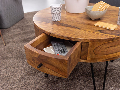 Rootz Round Coffee Table - Sheesham Solid Wood - Metal Legs - Side Table with Drawers - Small Brown Table - (60x44.5x60 cm)