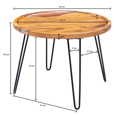Rootz Round Coffee Table - Sheesham Solid Wood - Hairpin Legs - Wood and Metal Living Room Table - (60x45x60 cm)