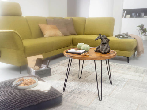 Rootz Round Coffee Table - Sheesham Solid Wood - Hairpin Legs - Wood and Metal Living Room Table - (60x45x60 cm)
