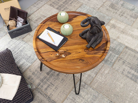Rootz Round Coffee Table - Sheesham Solid Wood - Hairpin Legs - Wood and Metal Living Room Table - (60x45x60 cm)