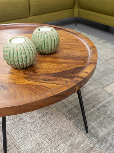 Rootz Round Coffee Table - Sheesham Solid Wood - Hairpin Legs - Wood and Metal Living Room Table - (60x45x60 cm)